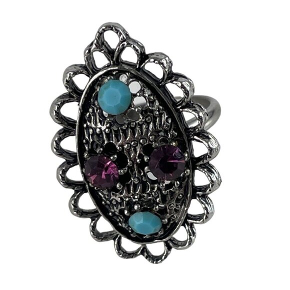Vintage Purple & Blue Multi Stone Silver Tone Adjustable Ring - Picture 2 of 7